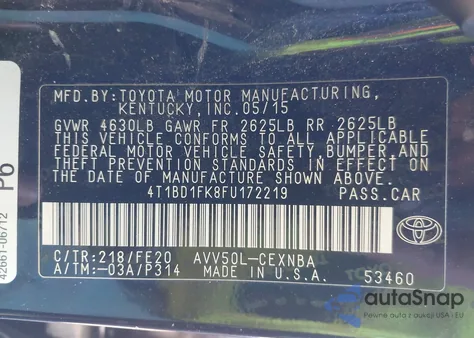 2015 Toyota Camry Hybrid Le from USA, damaged, VIN 4T1BD1FK8FU172219